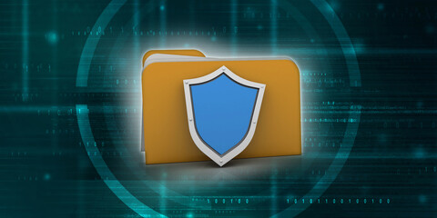 Poster - laptop folder with shield. Isolated 3d rendering image