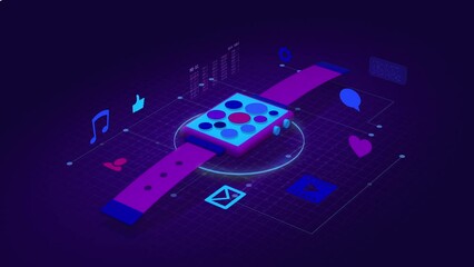 Wall Mural - low poly style animation of a smart watch with app icons, concept of mobile, modern technology (3d r