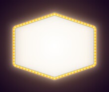 Yellow Retro Lightbox With White Light Bulbs, Vintage Theater Signboard Mockup Isolated On A Dark Background. Bright Hexagonal Commercial Announcement Banner. Marquee Billboard With Lamps.