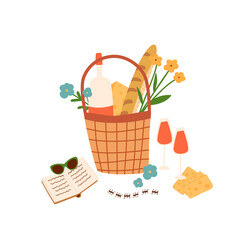 Picnic basket with wine summer leisure Garden picnic, outdoor leisure romantic dinner outside Bottle of wine glass of wine cheese baguette vector illustration for chilling isolated element Picnic food