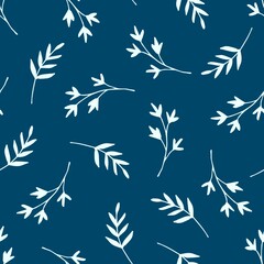 simple floral vector seamless pattern. light twigs, leaves on a dark blue background. for fabric pri