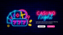 Casino Night Neon Promotion Template. Website Landing Page. Jackpot Symbol. Vector Stock Illustration