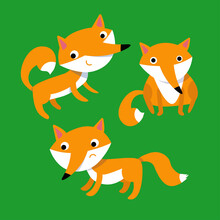 Vector Set Of Cute Foxes In Cartoon Flat Style. Colored Animals For Stickers, Books, Games. Funny Characters.