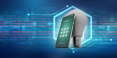 Poster - 3d rendering bulb on mobile phone
