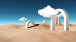 3D rendering stage arch entrance model on desert outdoor landscape with sky and flock background.