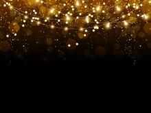 Golden Glitter Confetti Falling On Black Vector Background. Shining Gold Shimmer Luxury Design Card