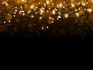 Golden glitter confetti falling on black vector background. Shining gold shimmer luxury design card