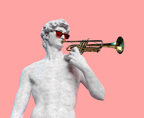 Michelangelo's David statue with sunglasses playing trumpet. 3D rendering