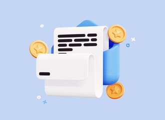 3D Letter envelope with bill payment and coin. Bank statement. Business financial investment and cash receipt. Cashier's check in the mail. Creative design concept icon isolated on blue. 3D Rendering