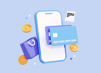 Wall Mural - 3D Online shopping via phone with credit card. Online payment concept. Shopping bag with receipt or cashier's check and floating coins. Creative design icon isolated on blue background. 3D Rendering