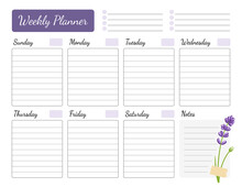 Weekly Planner With Floral Design. Schedule Decorated With Violet Lupine Flower. Calendar, Organizer, To Do List. Vector Printable Template Starting With Sunday, A4 Size.