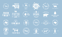 Dairy And Milk Products Labels, Emblems And Logos. Milk Logo Set With Cow Silhouette, Bottle, Milk Drop And Splash. Trendy Vintage Design. Vector Illustration