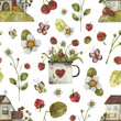 Watercolor seamless background with wild strawberries and hand-drawn vintage huts.Teacup with strawberries, berries, sprout, herbs and forest flowers, vintage houses with tiled roof
