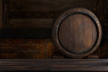 Rustic barrels for beverage in a dark wine cellar. Wooden empty surfaces for copy space, mockup, template for design of beer, wine, alcohol products, Vintage retro style background