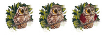 Three Owls In A Leaf Hat Wrapped Around A Scarf On A Branch