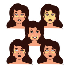 Set of 5 icons. The girl does facial treatments. Mask and patches. Vector stock illustration. White background. Isolated