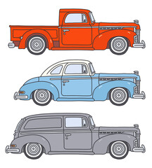 Canvas Print - The vectorized hand drawing of three retro american cars