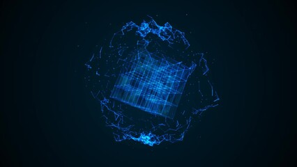 Poster - Animated intro neon cube symbol in sphere. Rotating matrix. Texture plexus dots, lines, fragments, particles, squares. Digital network. Glow of cosmic energy. Background logo, technology, medicine. 4k