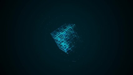 Poster - Architectural neon animated symbol of squares, rhombus, dots, particles. Texture maze. Rotating Rubik's cube. Blue glow. Energy field. Weightlessness. Background logo, technology, business. 4k.