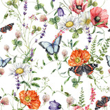 Watercolor meadow flowers seamless pattern of poppy, chamomile, buttercup and butterfly. Hand painted floral illustration isolated on white background. For design, print, fabric or background.
