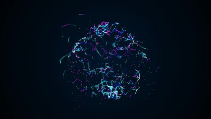 Poster - Glowing animated sphere symbol. Chaotic rotation of lines, particles, dots, glass fragments. Texture color circle plexus icon. Background logos, presentations, technology, science, medicine. 4k