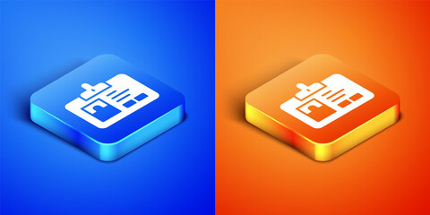 Wall Mural - Isometric Identification badge icon isolated on blue and orange background. It can be used for presentation, identity of the company, advertising. Square button. Vector