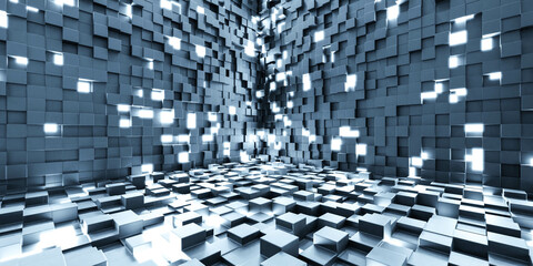 Poster - future architecture studio with bright led lights and cubic walls 3d render illustration
