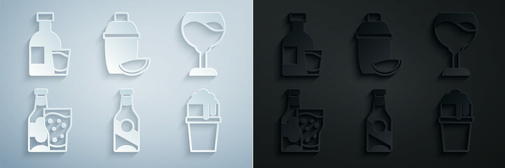 Sticker - Set Beer bottle, Wine glass, and, Glass of beer, Cocktail shaker with lime and Bottle vodka icon. Vector