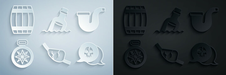 Wall Mural - Set Pirate eye patch, Smoking pipe, Compass, Skull, Bottle with message water and Wooden barrel icon. Vector