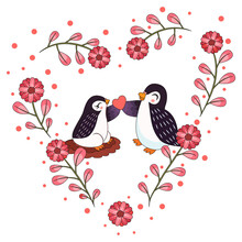 Isolated Cute Birds In Love Floral Frame Vector Illustration