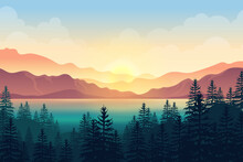 Beautiful View Ocean Sunset And Pine Forest And Mountain Range 
