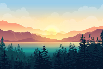 Beautiful view ocean sunset and pine forest and mountain range 