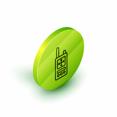 Sticker - Isometric line Walkie talkie icon isolated on white background. Portable radio transmitter icon. Radio transceiver sign. Green circle button. Vector