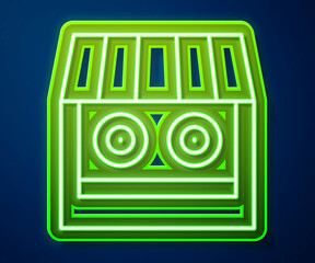 Poster - Glowing neon line Shooting gallery icon isolated on blue background. Shooting range. Vector