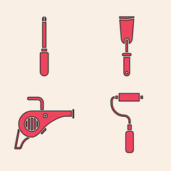 Sticker - Set Paint roller brush, Screwdriver, Putty knife and Leaf garden blower icon. Vector