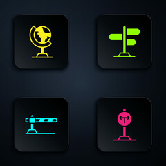 Sticker - Set Fork in the road, Earth globe, Parking car barrier and Road traffic sign. Black square button. Vector