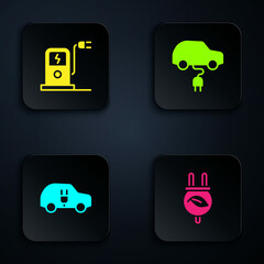 Sticker - Set Electric saving plug in leaf, car charging station, and . Black square button. Vector