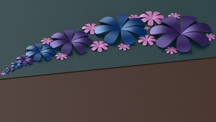 Fototapete - Brown-deep green background with purple-pink-blue paper flowers. Concept image of happy Invitation and reception sign. 3D high quality rendering. 3D illustration. High resolution.