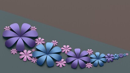 Fototapete - Brown-deep green background with purple-pink-blue paper flowers. Concept image of happy Invitation and reception sign. 3D high quality rendering. 3D illustration. High resolution.