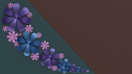 Fototapete - Brown-deep green background with purple-pink-blue paper flowers. Concept image of happy Invitation and reception sign. 3D high quality rendering. 3D illustration. High resolution.