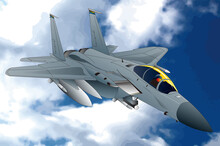 American Jet Fighter Aircraft F-15 Illustrator Drawing, With Blue And White Cloud Sky Background. アメリカのジェット戦闘機「F-15イーグル」。