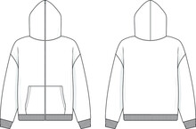 Full Zip Hoodie Sweatshirt Flat Technical Drawing Illustration Mock-up Template For Design And Tech Packs Men Or Unisex Fashion CAD Streetwear.	
