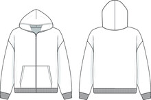 Zip Up Hoodie Sweatshirt Flat Technical Drawing Illustration Mock-up Template For Design And Tech Packs Men Or Unisex Fashion CAD Streetwear Women.	
