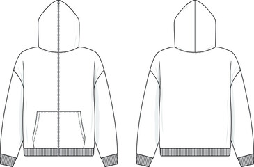full zip hoodie sweatshirt flat technical drawing illustration mock-up template for design and tech 