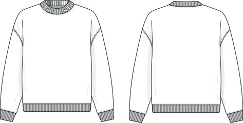 Crewneck sweatshirt flat technical drawing illustration mock-up template for design and tech packs men or unisex fashion CAD streetwear women mock neck.
