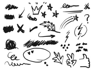 Poster - Hand drawn collection of Doodle vector design element. Brush stroke, curly swishes, swoops, swirl, arrow, heart, leaf, crown, star, highlight text and emphasis element. use for concept design
