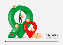 Delivery Man In Uniform Is Standing And Lifting A Parcel Box On A Pin Location And There's Smartphone With Shopping Cart Icon On Screen Leaning Against A Green Pin For Delivery And Online Shopping