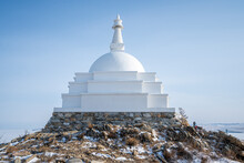 Buddhist Stupa Of Enlightenment On Island Ogoy Lake Baikal Russia Sunlight.