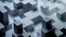 Neatly Arranged Glossy Cubes. Grey, Contemporary Tech Wallpaper. 3D Render.