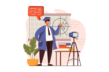 Poster - Online education web concept in flat design. Teacher explains lesson near blackboard, recording webinar at camera, prepares video for educational platform. Vector illustration with people scene